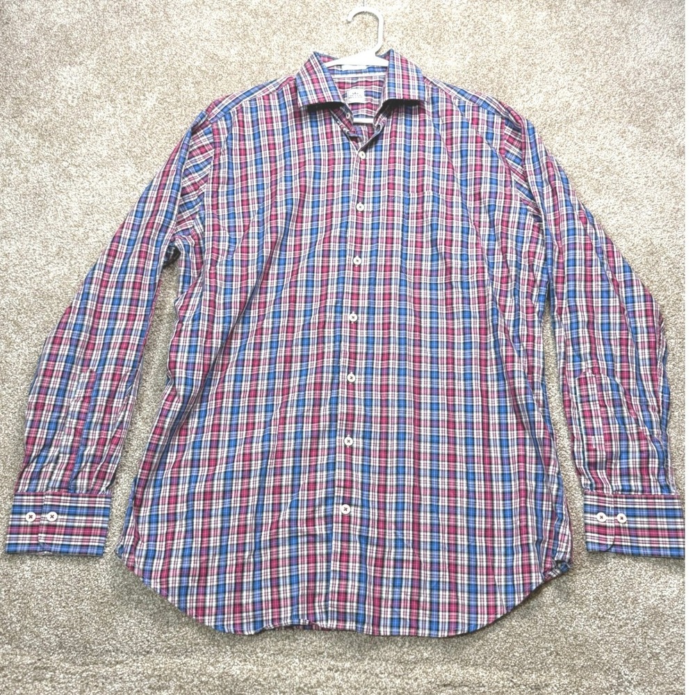 Peter Millar Crown Mens Large Plaid Button Down Shirt Blue Pink Long Sleeve